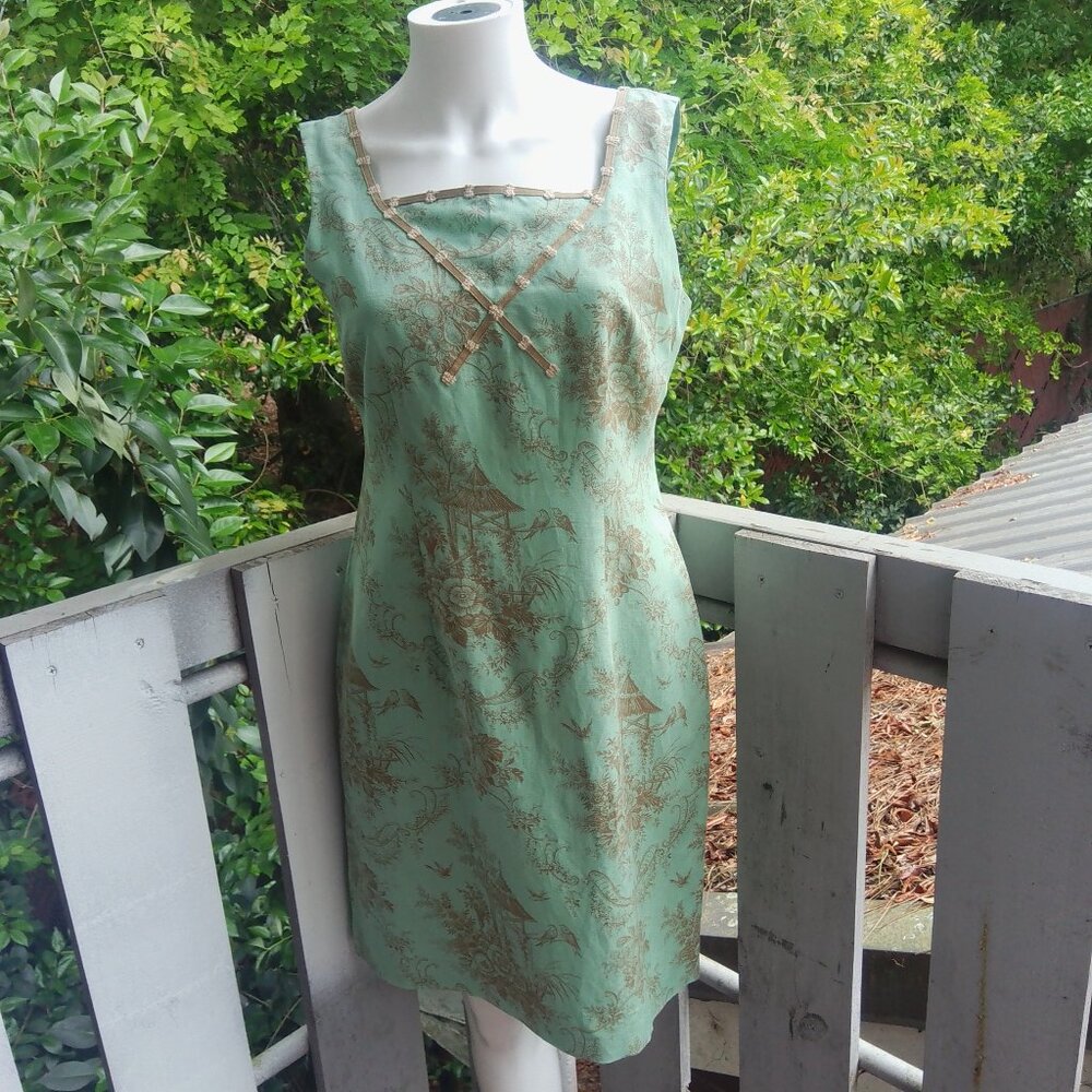 Vintage 90s Floral Toile Cottagecore Coquette Linen Shift Dress Women 6